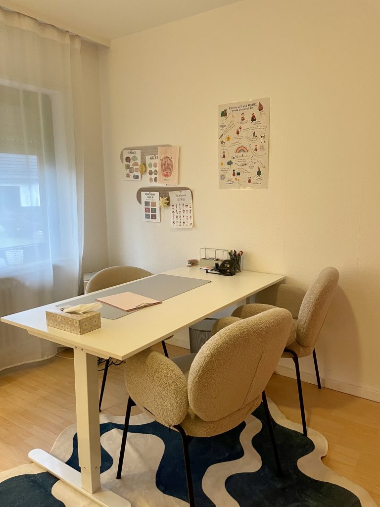 Schreibtisch und Stühle im 2. Behandlungszimmer